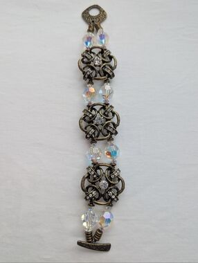 Aurora Borealis Crystal Antiqued Gold Filigree Bracelet  - Chunky Vintage